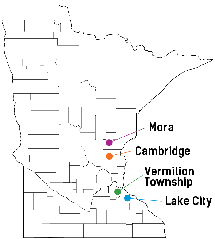 Mora, Cambridge, Vermillion Township, and Lake City on a Map