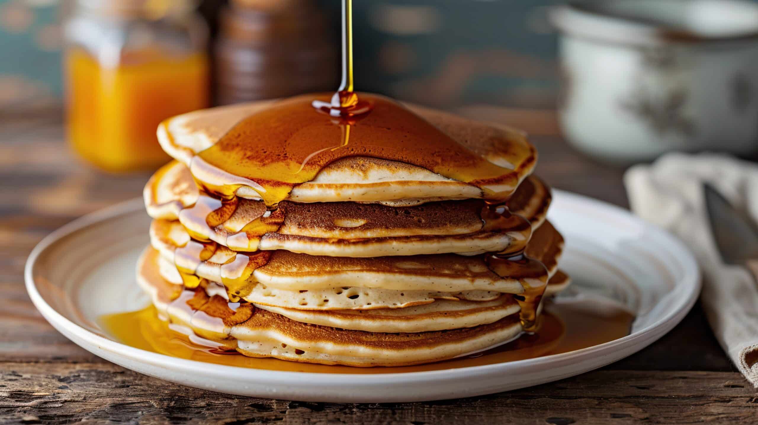 Delicious sweet pancakes with maple syrup and batter. Generative Ai