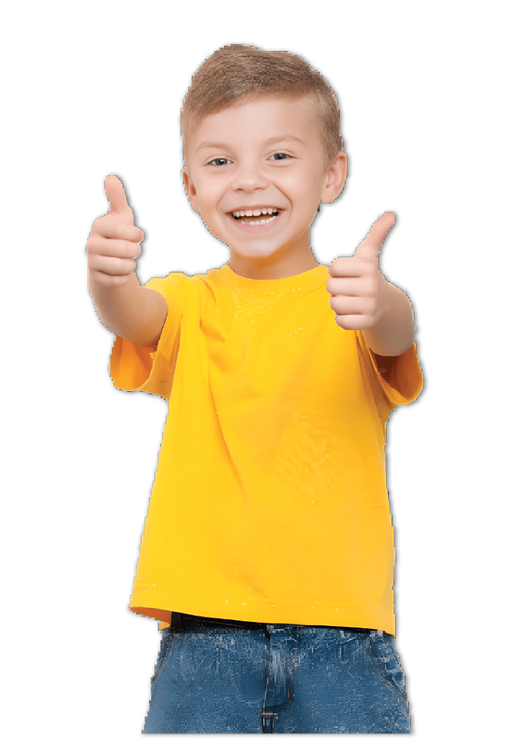 a boy in a yellow shirt smiling and showing thumbs up cutout