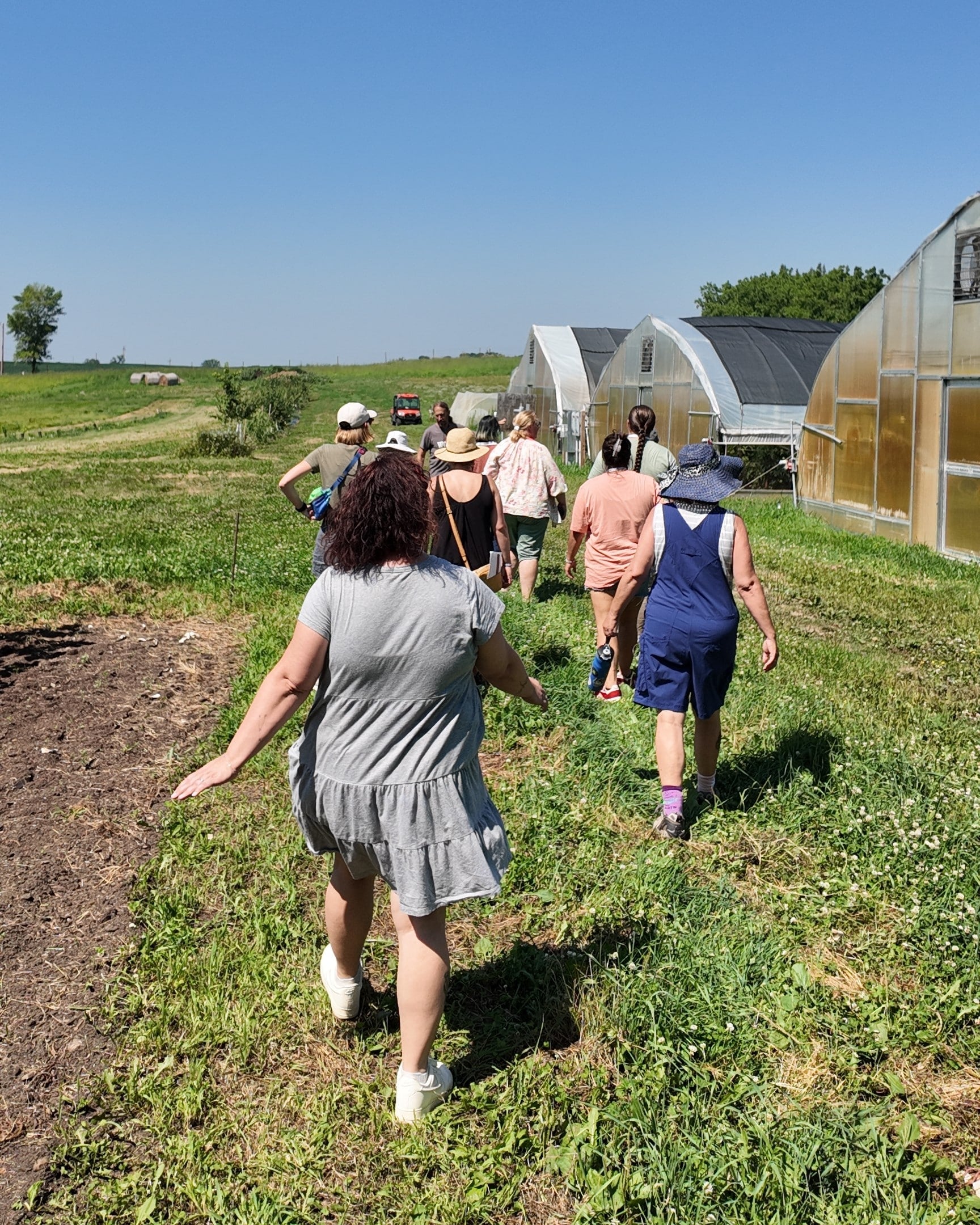Group of people walking in the grass past a farm plot towards high tunnel buildings